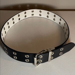 Women's Black and White Double-Sided Reversible Grommet Belt with Silver Buckle